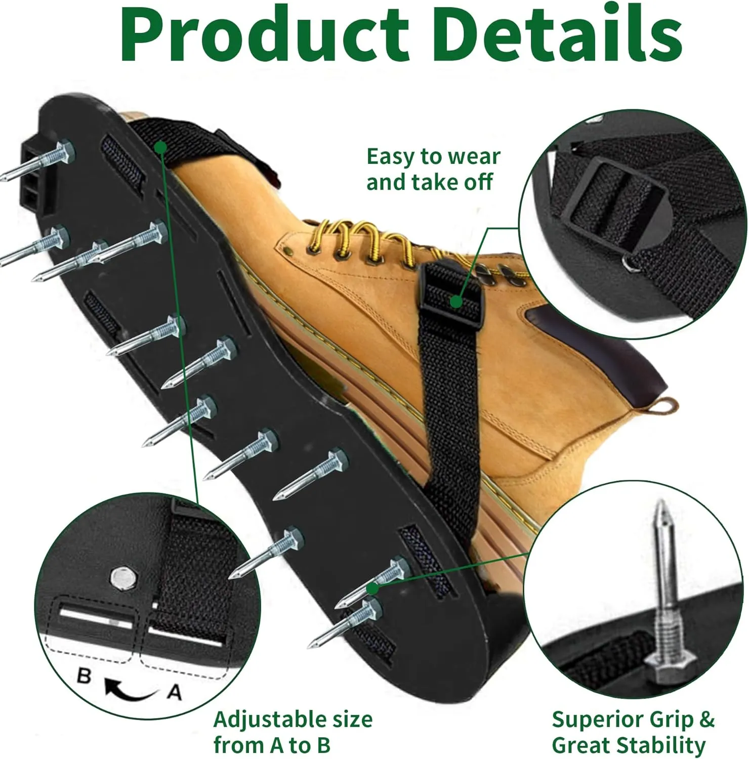 Garden Grass Loosening Spike Shoes - Inflatable Lawn Tool with Self - Leveling Feature, 6 - Shoelace Design (Black, 11.8'' x 5.1'')
