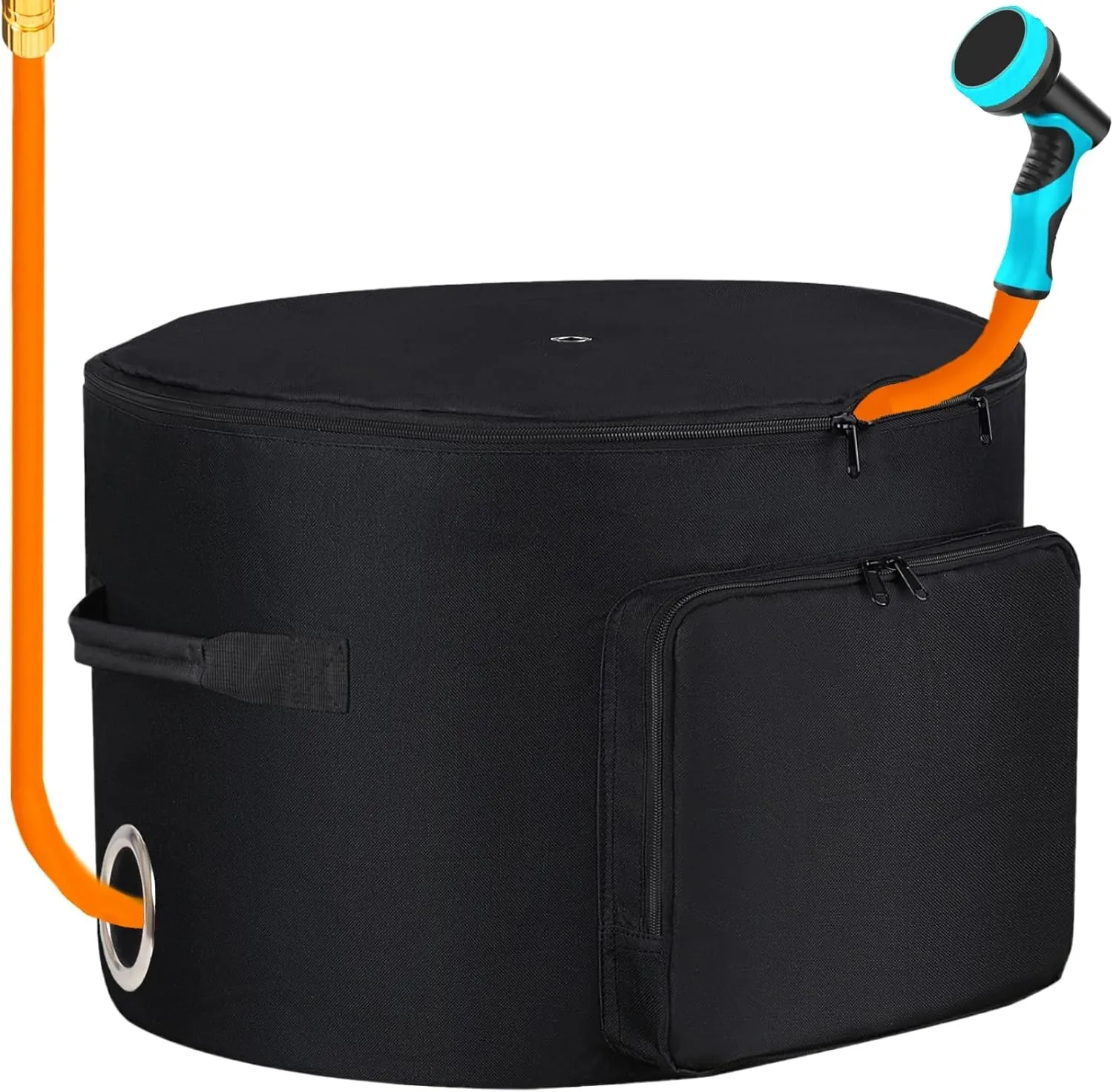 Garden Hose Holder Standing Bag, Water Hose Holder Pot Bag for Outside, with Hose Entry Hole; Drainage & Breathable Holes; Small Tool Storage Pocket (black)
