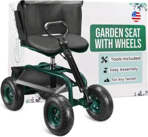 Garden Seat with Wheels – Adjustable 360° Swivel Gardening Stool with Hydraulic Height Adjustment, Ergonomic Backrest, and Tool Storage – Rolling Stool for Garden, Yard, and Outdoor Use