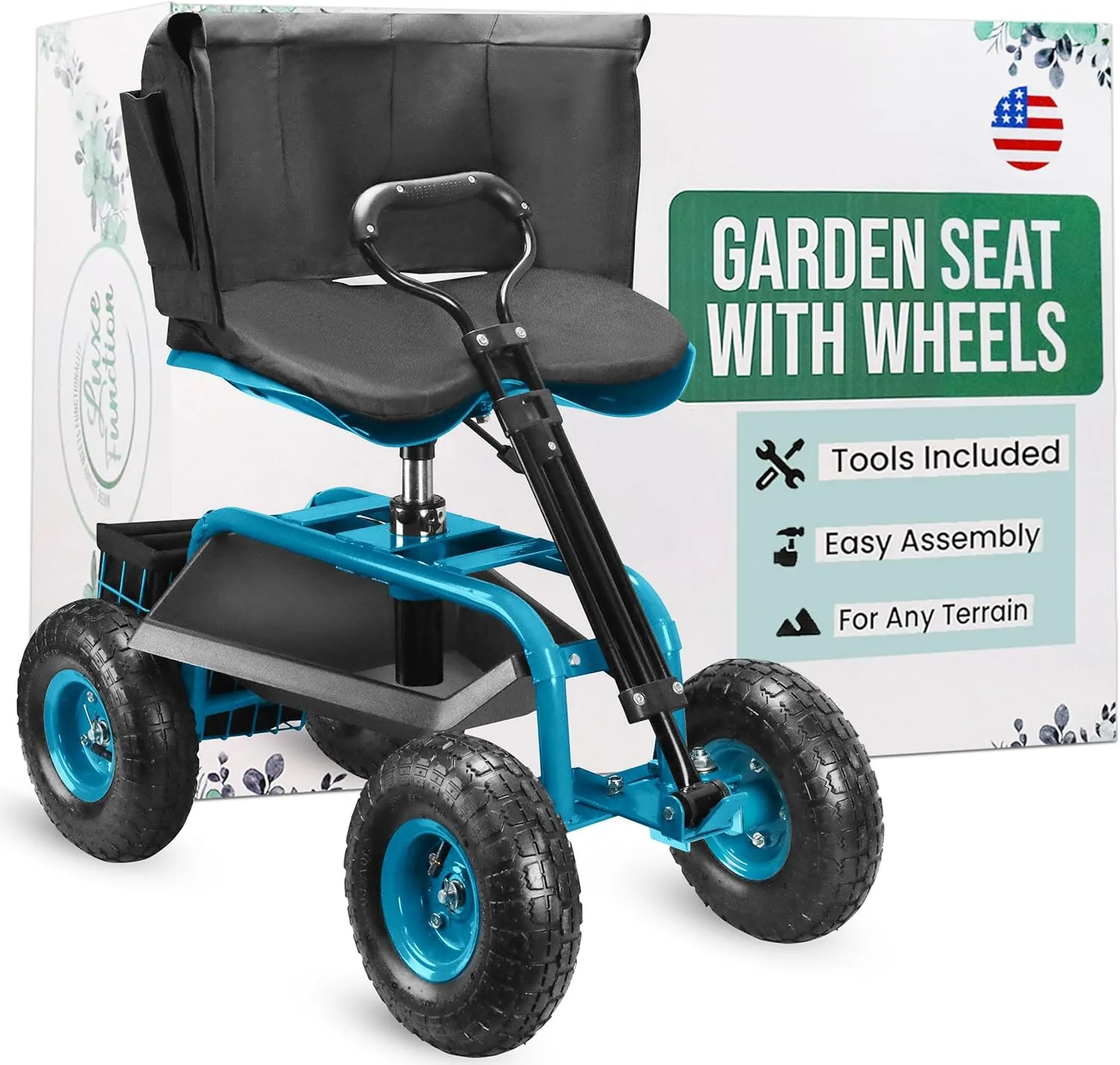 Garden Seat with Wheels – Adjustable 360° Swivel Gardening Stool with Hydraulic Height Adjustment, Ergonomic Backrest, and Tool Storage – Rolling Stool for Garden, Yard, and Outdoor Use