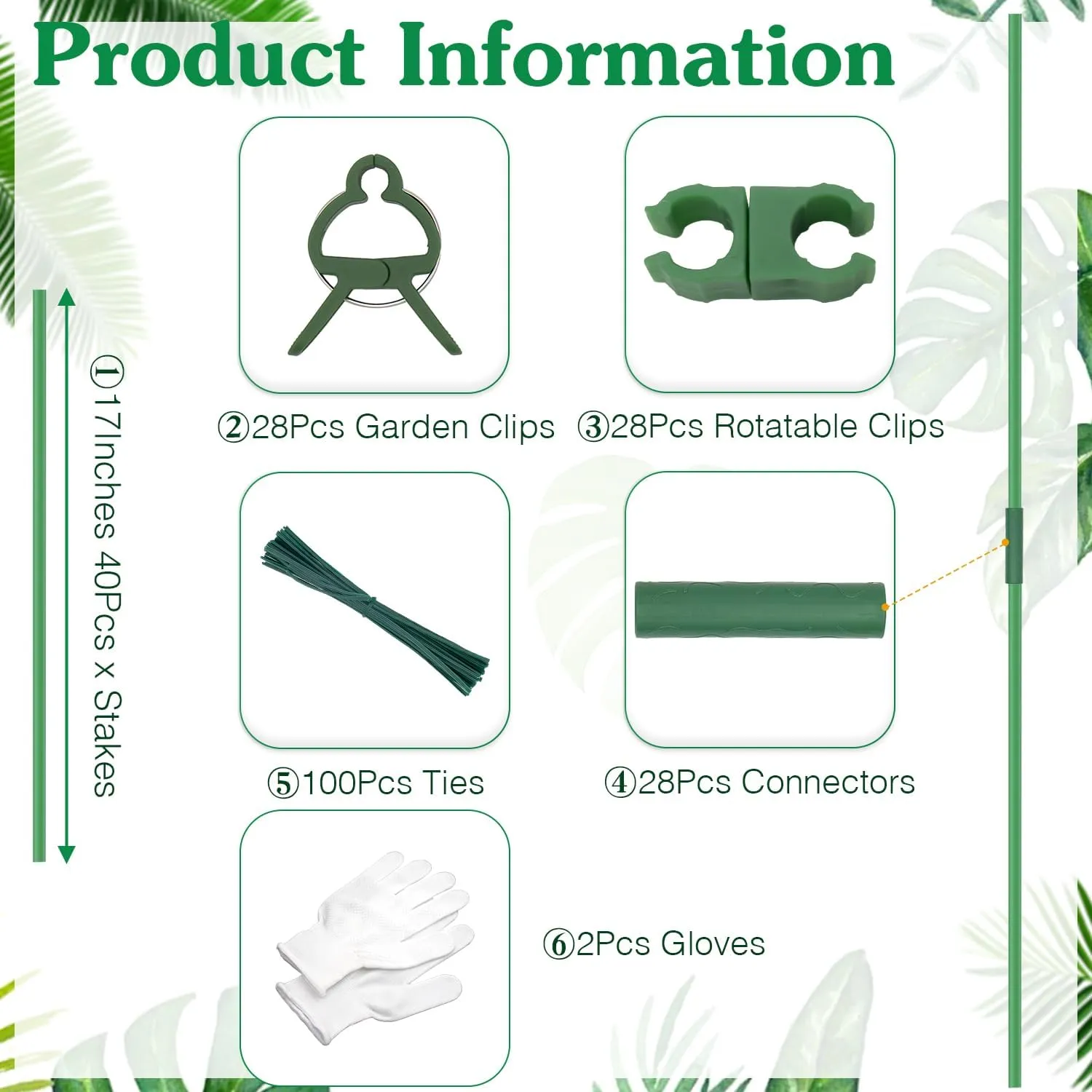 Garden Stakes 17Inch 40Pack, DIY Tall Plant Support Stakes of 4Ft,5Ft,6Ft,7Ft, HAINANSTRY Fiberglass Plant Stakes for Indoor & Outdoor Plants, Tomato Vegetable Stakes for Garden