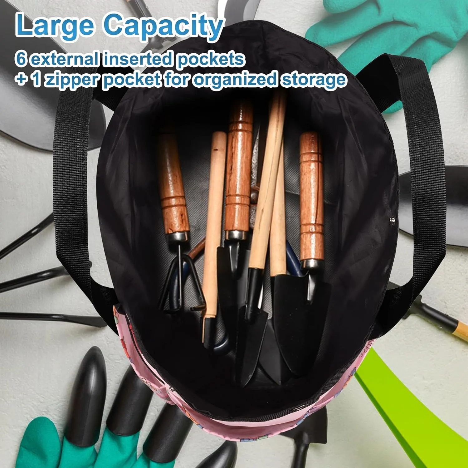 Garden Tool Bag Organizer, Gardening Tote Storage Bag with Zippers Pockets (Tools NOT Included), Pink