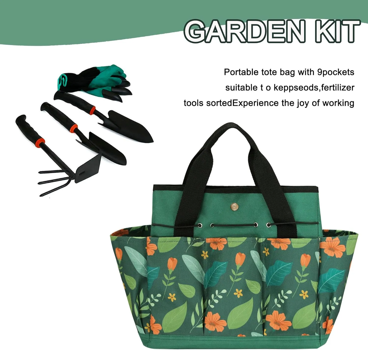 Garden Tool Bag, Portable Garden Tote Bag with Handle, Oxford Garden Tool Organizer Bag, Ideal Gardening Gifts for Wife and Parents, Tools Not Included(Green Flower)