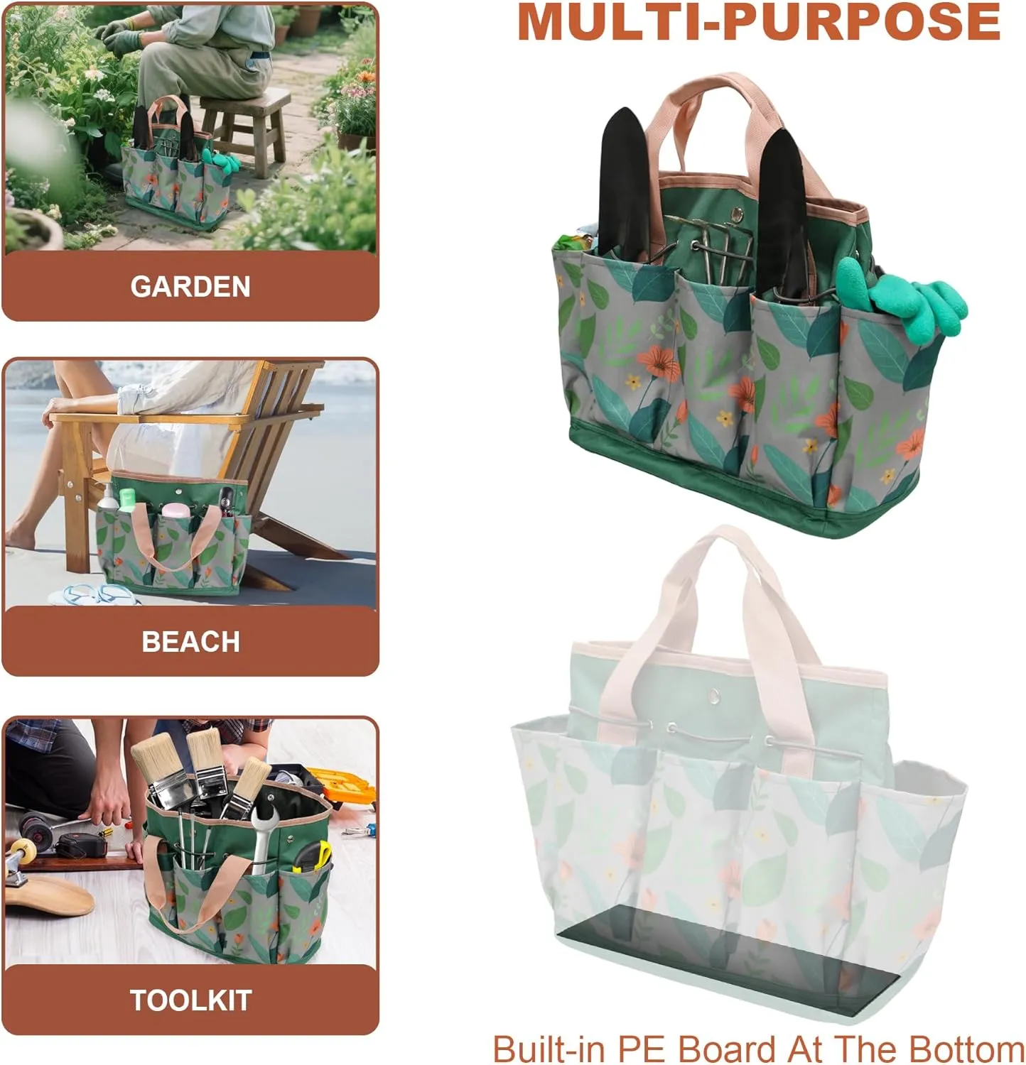 Garden Tool Bag, Portable Garden Tote Bag with Handle, Oxford Garden Tool Organizer Bag, Ideal Gardening Gifts for Wife and Parents, Tools Not Included(Orange Flower)
