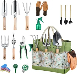 Garden Tool Set, 12 Pieces Gardening Kit Stainless Steel Tools with Floral Organizer Handbag Succulent Cultivation Lawn Supplies for Gardening Starter Gifts for Women