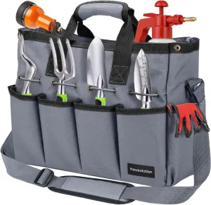 Garden Tote Bag, 900D Gardening Tool Bag, Garden Tote Storage Bag with Pockets & Long Adjustable Shoulder Strap, Home Tools Organizer Garden Tool Kit Holder, Standable, 14 Inch, Gray