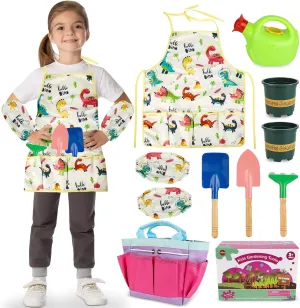 Gardening Tool Set for Kids, Garden Tools Kit with Tote Bag, Watering Can, Apron, Shovel, Rake, Flowerpot and Arm Sleeves Covers for Toddlers, Outdoor Backyard Farm Digging Toys for Boys and Girls