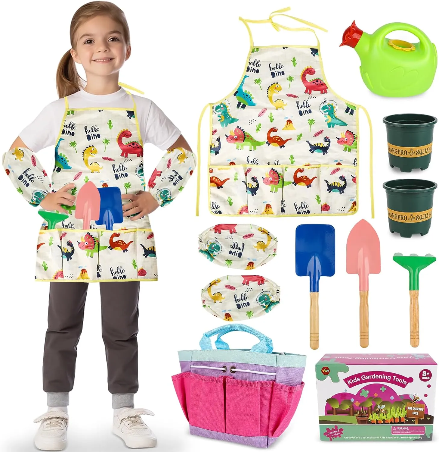 Gardening Tool Set for Kids, Garden Tools Kit with Tote Bag, Watering Can, Apron, Shovel, Rake, Flowerpot and Arm Sleeves Covers for Toddlers, Outdoor Backyard Farm Digging Toys for Boys and Girls
