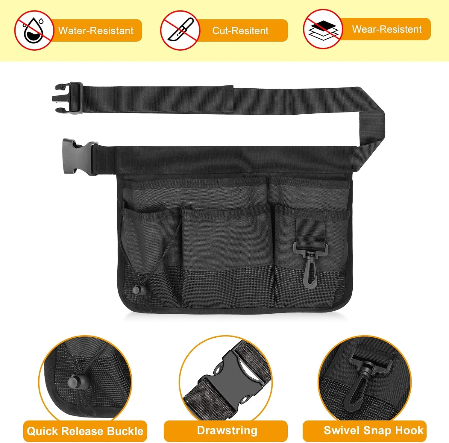 Gardening Tool Waist Bag Belt Heavy Duty Oxford Tool Apron with 7 Pockets of Different Sizes and Depth (Black)