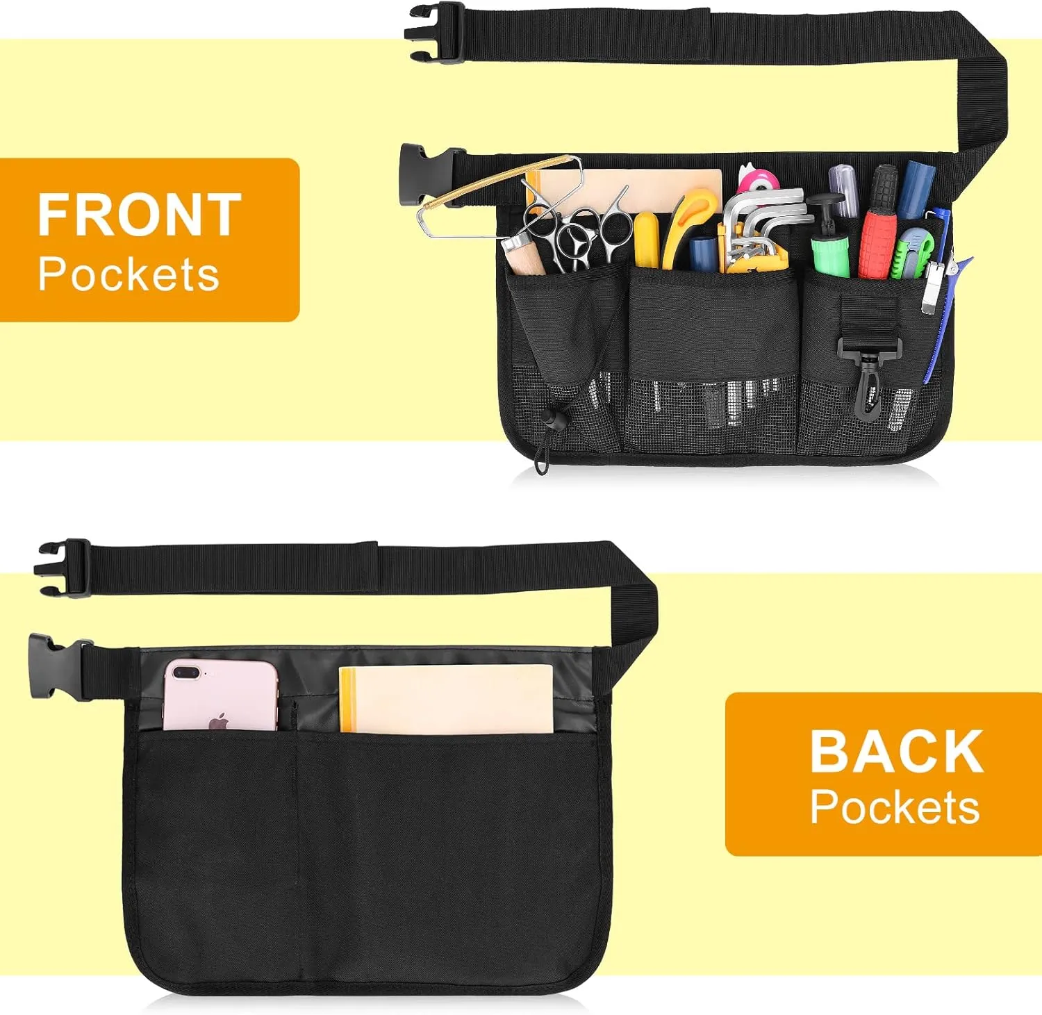 Gardening Tool Waist Bag Belt Heavy Duty Oxford Tool Apron with 7 Pockets of Different Sizes and Depth (Black)