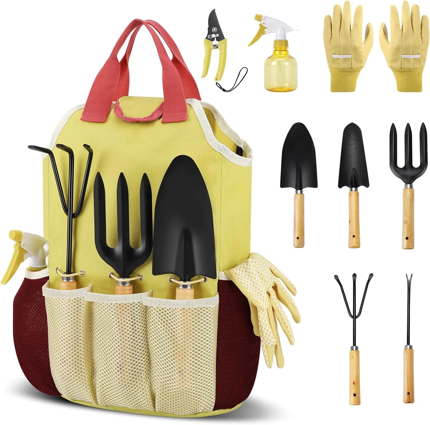 Gardening Tools Set, Garden Tool Kit Comes with Bag, Garden Tool Set with Spray-Bottle, Durable Garden Tools Organizer Handbag,Rust-Proof Garden Tool Set, Ideal Gardening Gifts (Green with Pink)