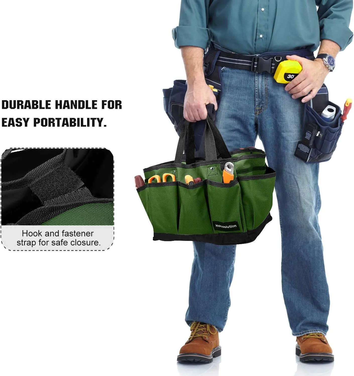 Gardening Tote Bag, Deluxe Garden Tool Storage Bag and Home Organizer with Pockets, Wear-resistant & Reusable, 12 Inch, Dark Green