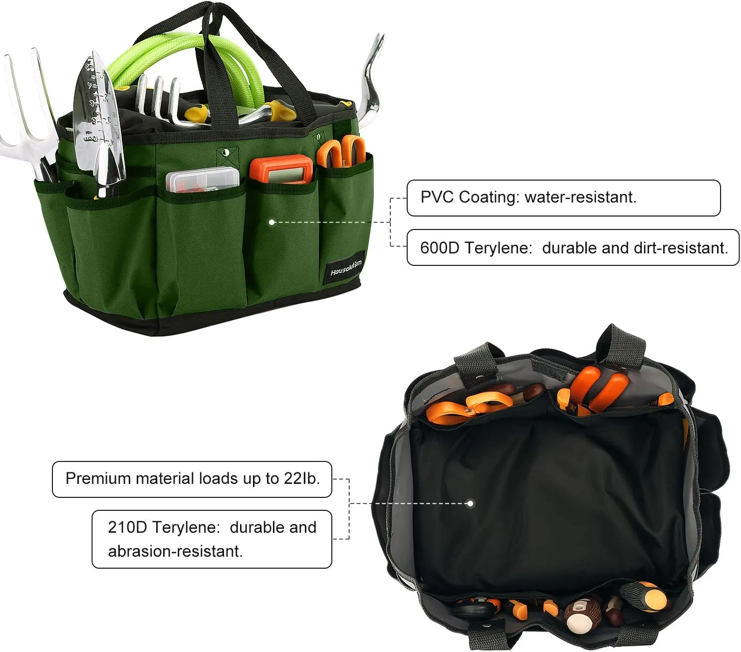 Gardening Tote Bag, Deluxe Garden Tool Storage Bag and Home Organizer with Pockets, Wear-resistant & Reusable, 12 Inch, Dark Green