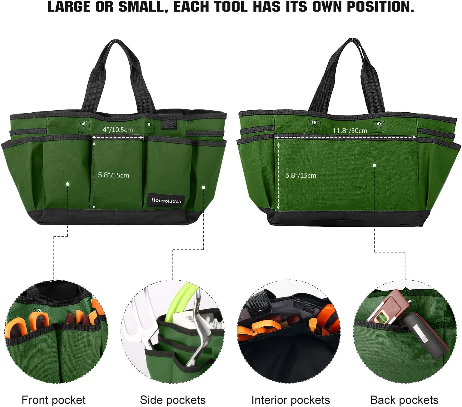 Gardening Tote Bag, Deluxe Garden Tool Storage Bag and Home Organizer with Pockets, Wear-resistant & Reusable, 12 Inch, Dark Green