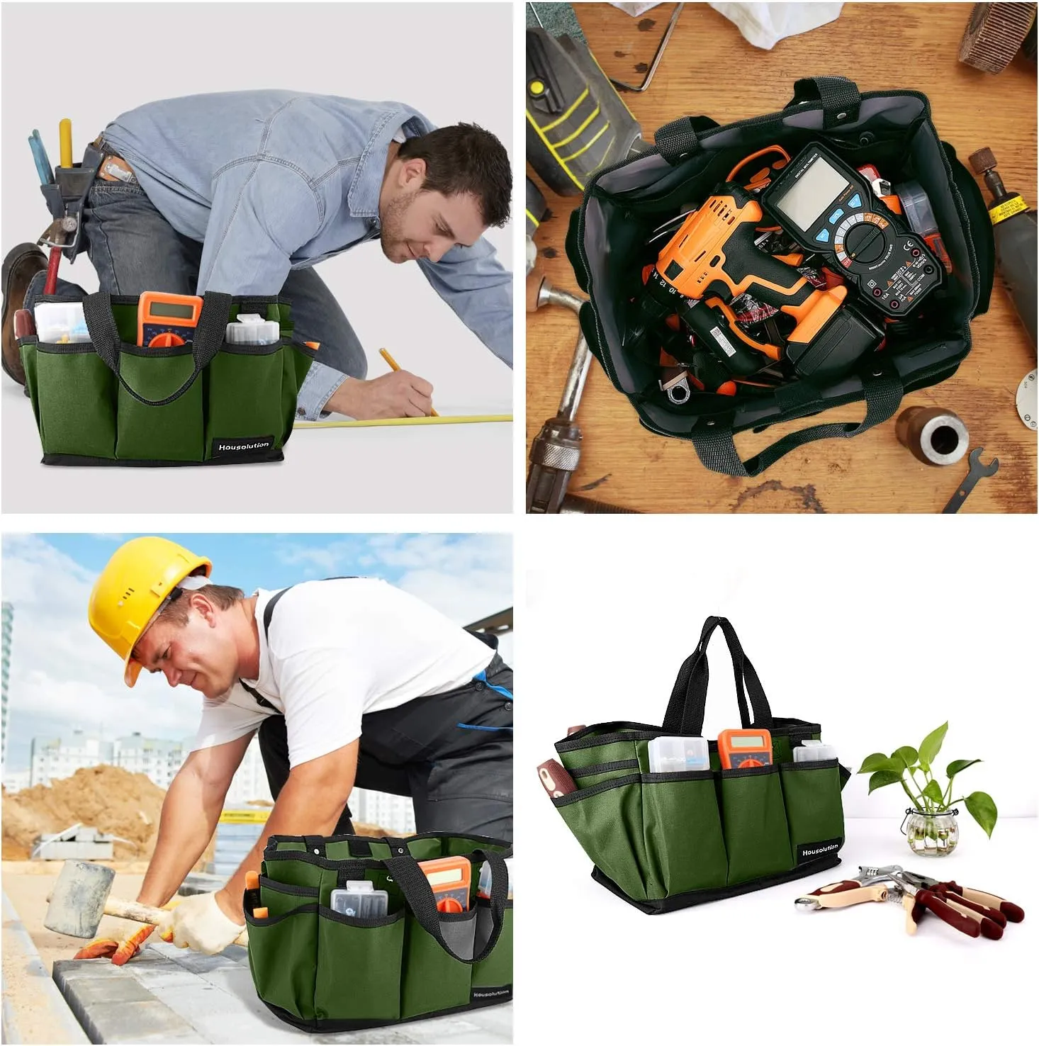 Gardening Tote Bag, Deluxe Garden Tool Storage Bag and Home Organizer with Pockets, Wear-resistant & Reusable, 12 Inch, Dark Green