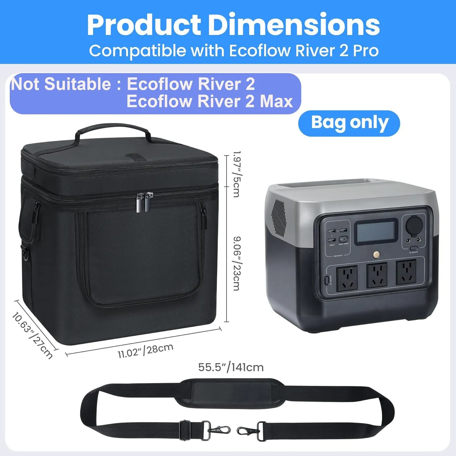 Generator Cover Compatible with ECOFLOW River 2 Pro, Soft Carrying Bag with Side Zipper, Adjustable Shoulder Strap, 11''10.63''9.06'' (Black, For River 2 Pro)