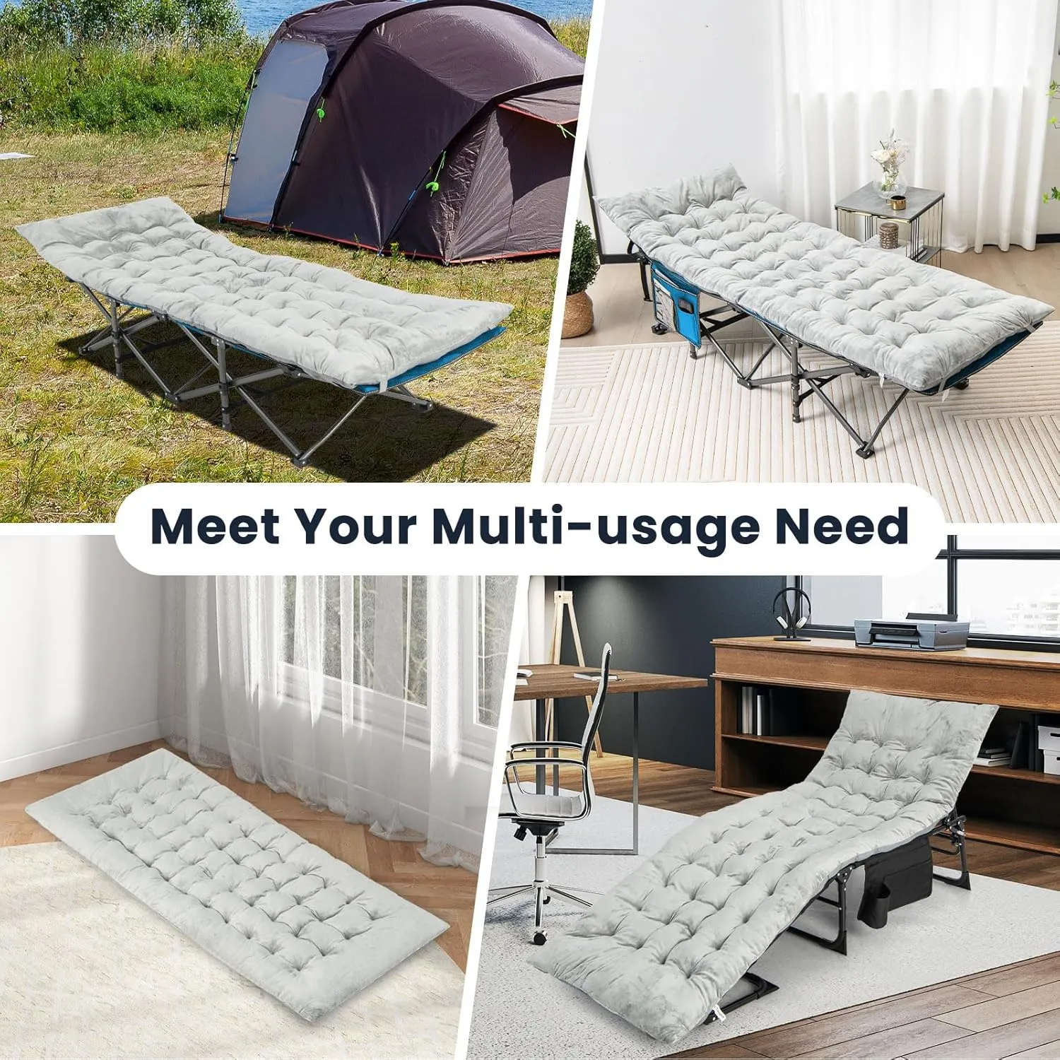 Giantex Camping Cot Pad, 75" x 27.5" x 3" Recliner Cushion with 4 Fixing Straps, Thickened Cushion for Lounge Chair and Swing, Indoor Outdoor Use, Mattress Pad for Hiking Travel Camp Vacation, Gray