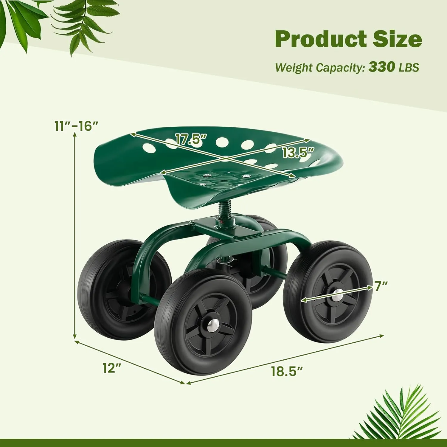 Giantex Garden Cart, Rolling Workseat with 4 Wheels, Garden Stool 360° Swivel Work Seat & Adjustable Height, Heavy Duty Wagon Scooter for Gardening for Patio Garden, Lawn, Yard (Green)