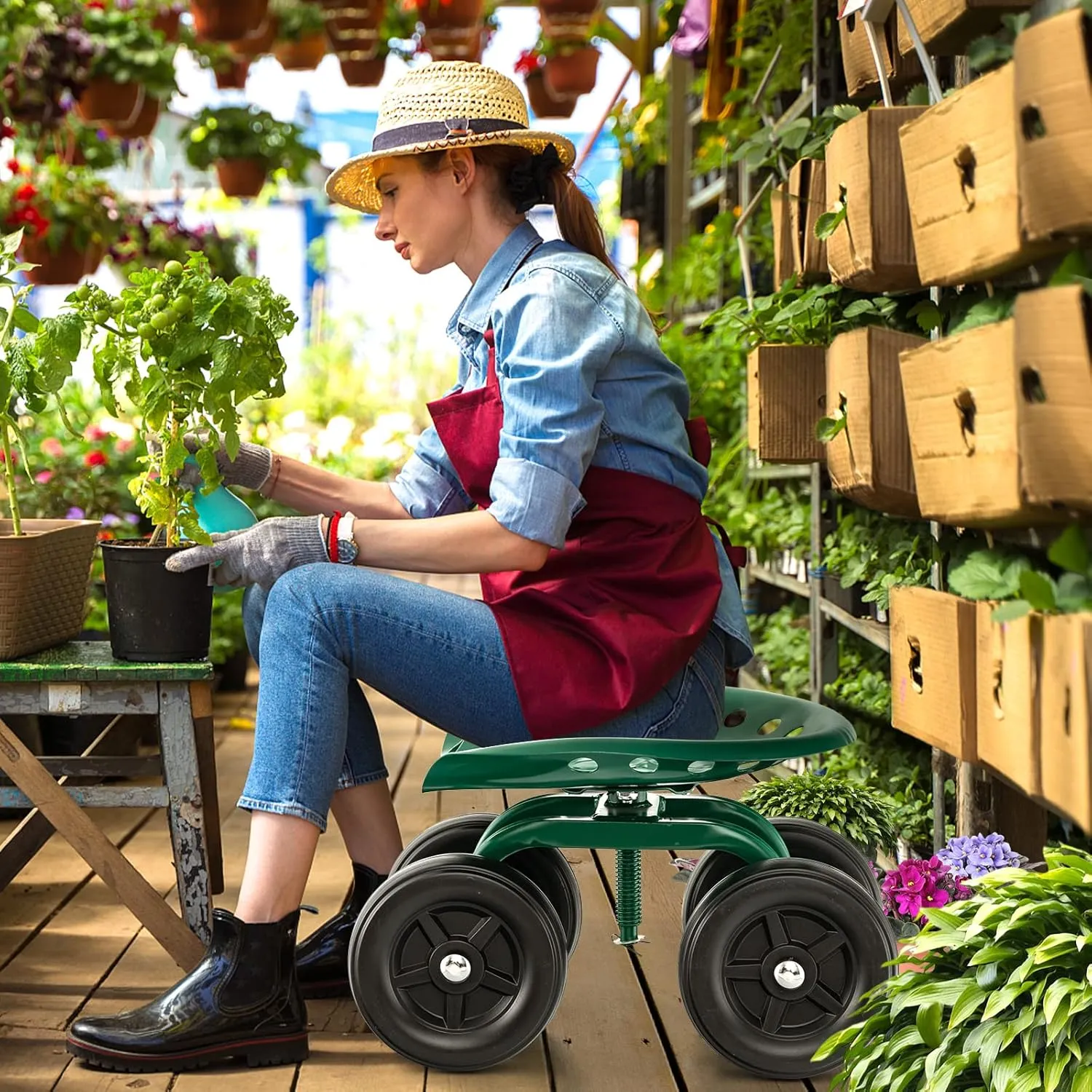 Giantex Garden Cart, Rolling Workseat with 4 Wheels, Garden Stool 360° Swivel Work Seat & Adjustable Height, Heavy Duty Wagon Scooter for Gardening for Patio Garden, Lawn, Yard (Green)