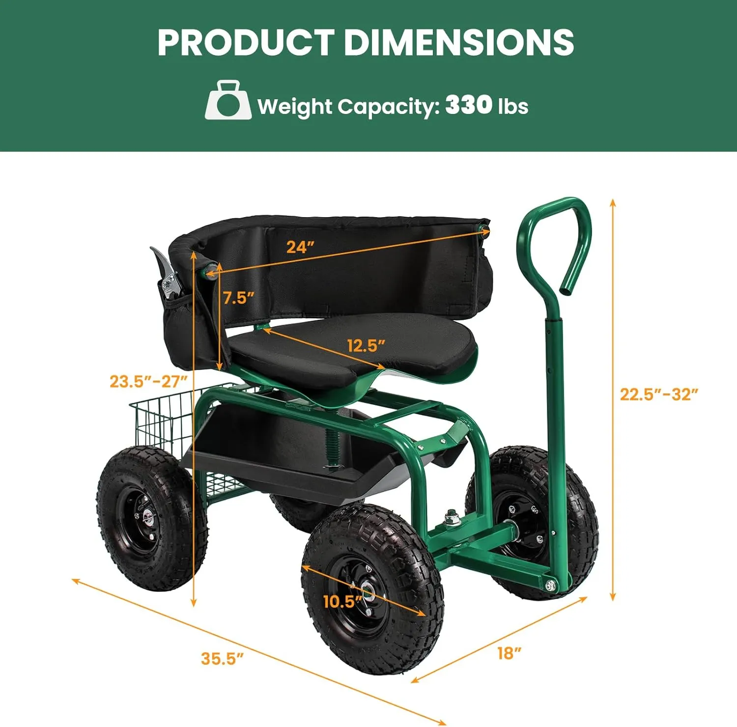 Giantex Rolling Garden Cart, 360 Swivel Workseat with 4 Wheels, Removal Cushion & Tool Tray, Storage Basket, Gardening Wagon Scooter with Adjustable Height, Handle (Green)