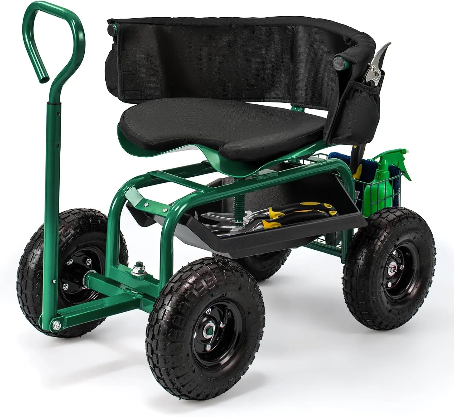 Giantex Rolling Garden Cart, 360 Swivel Workseat with 4 Wheels, Removal Cushion & Tool Tray, Storage Basket, Gardening Wagon Scooter with Adjustable Height, Handle (Green)