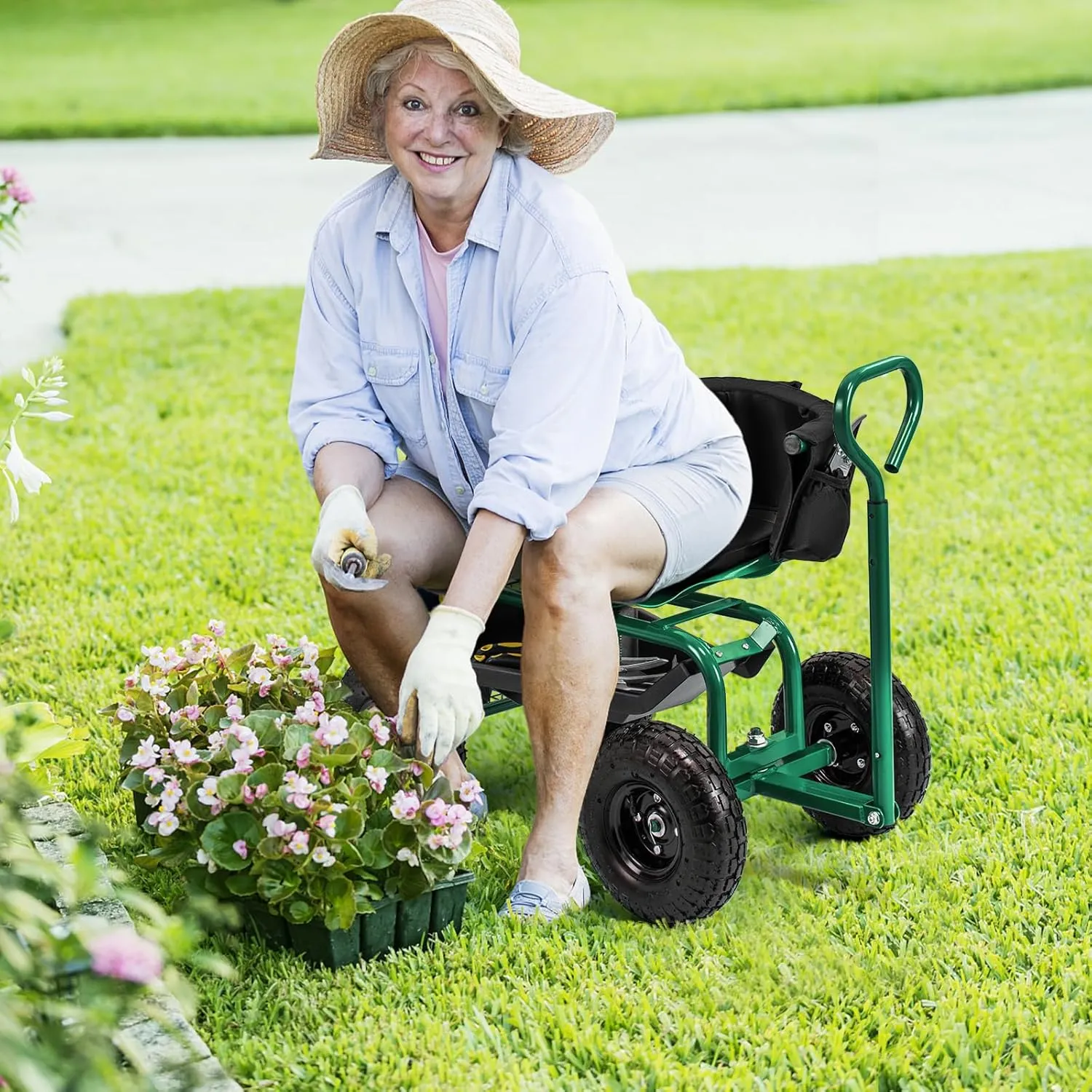 Giantex Rolling Garden Cart, 360 Swivel Workseat with 4 Wheels, Removal Cushion & Tool Tray, Storage Basket, Gardening Wagon Scooter with Adjustable Height, Handle (Green)