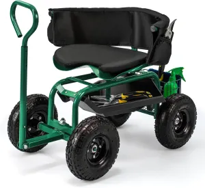 Giantex Rolling Garden Cart, 360 Swivel Workseat with 4 Wheels, Removal Cushion & Tool Tray, Storage Basket, Gardening Wagon Scooter with Adjustable Height, Handle (Green)