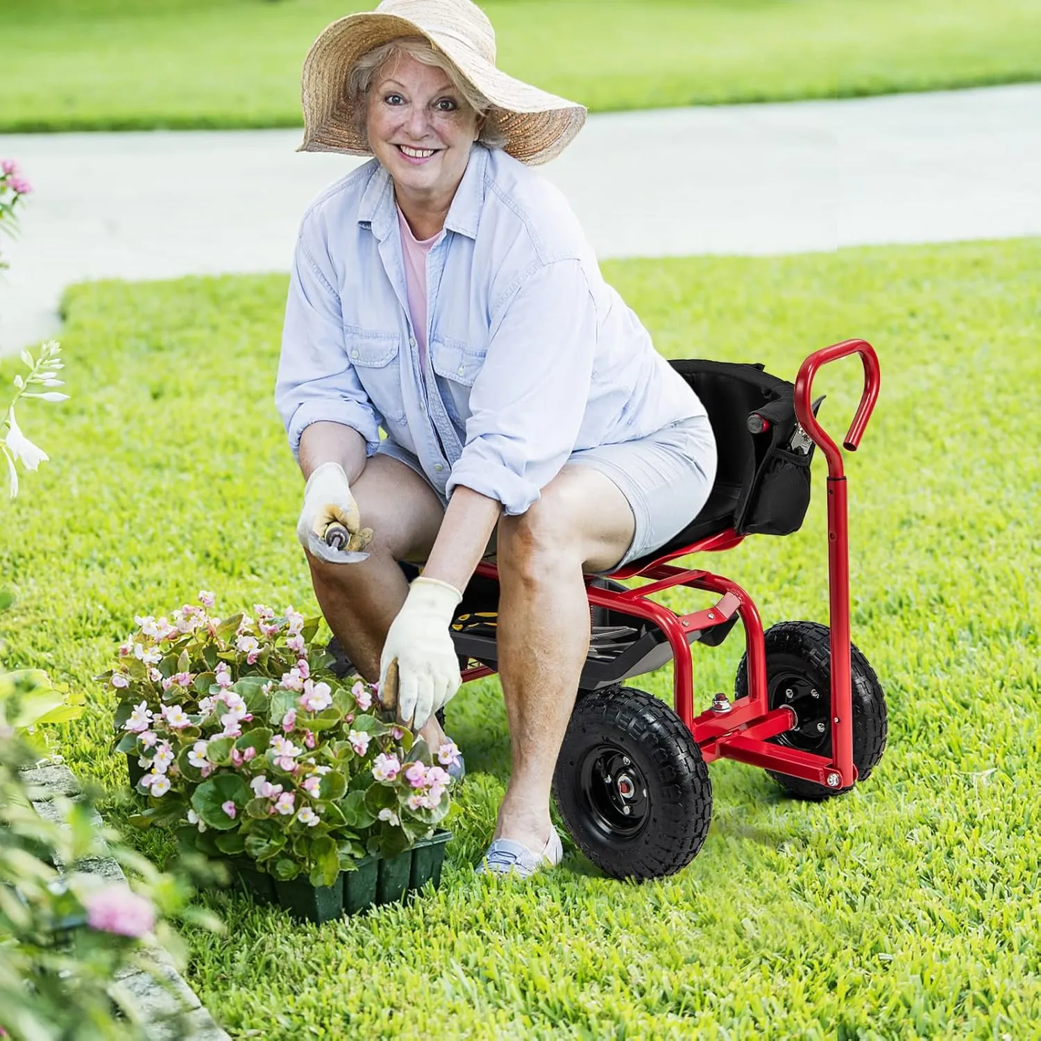 Giantex Rolling Garden Cart, 360 Swivel Workseat with 4 Wheels, Removal Cushion & Tool Tray, Storage Basket, Gardening Wagon Scooter with Adjustable Height, Handle (Red)