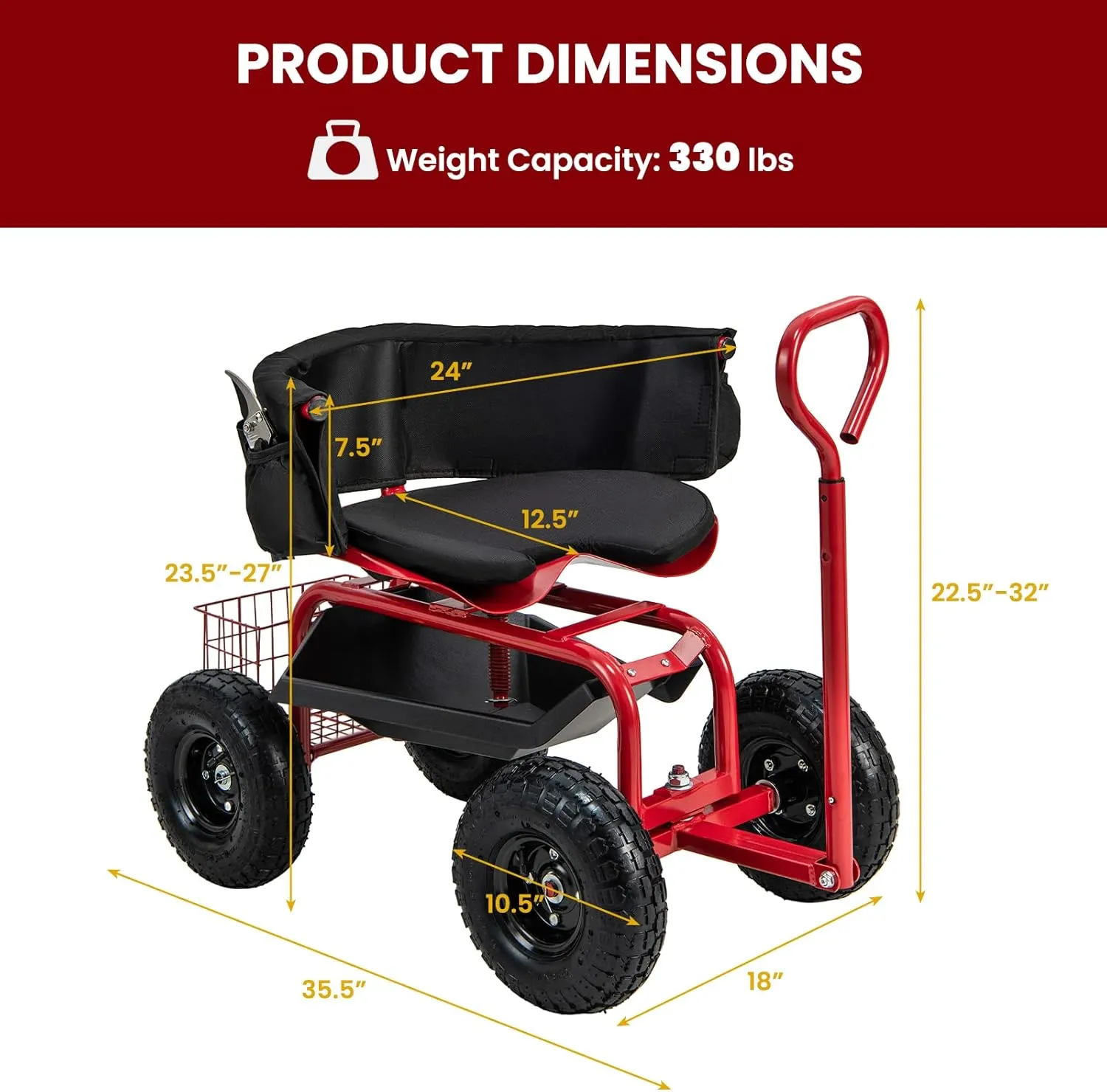 Giantex Rolling Garden Cart, 360 Swivel Workseat with 4 Wheels, Removal Cushion & Tool Tray, Storage Basket, Gardening Wagon Scooter with Adjustable Height, Handle (Red)