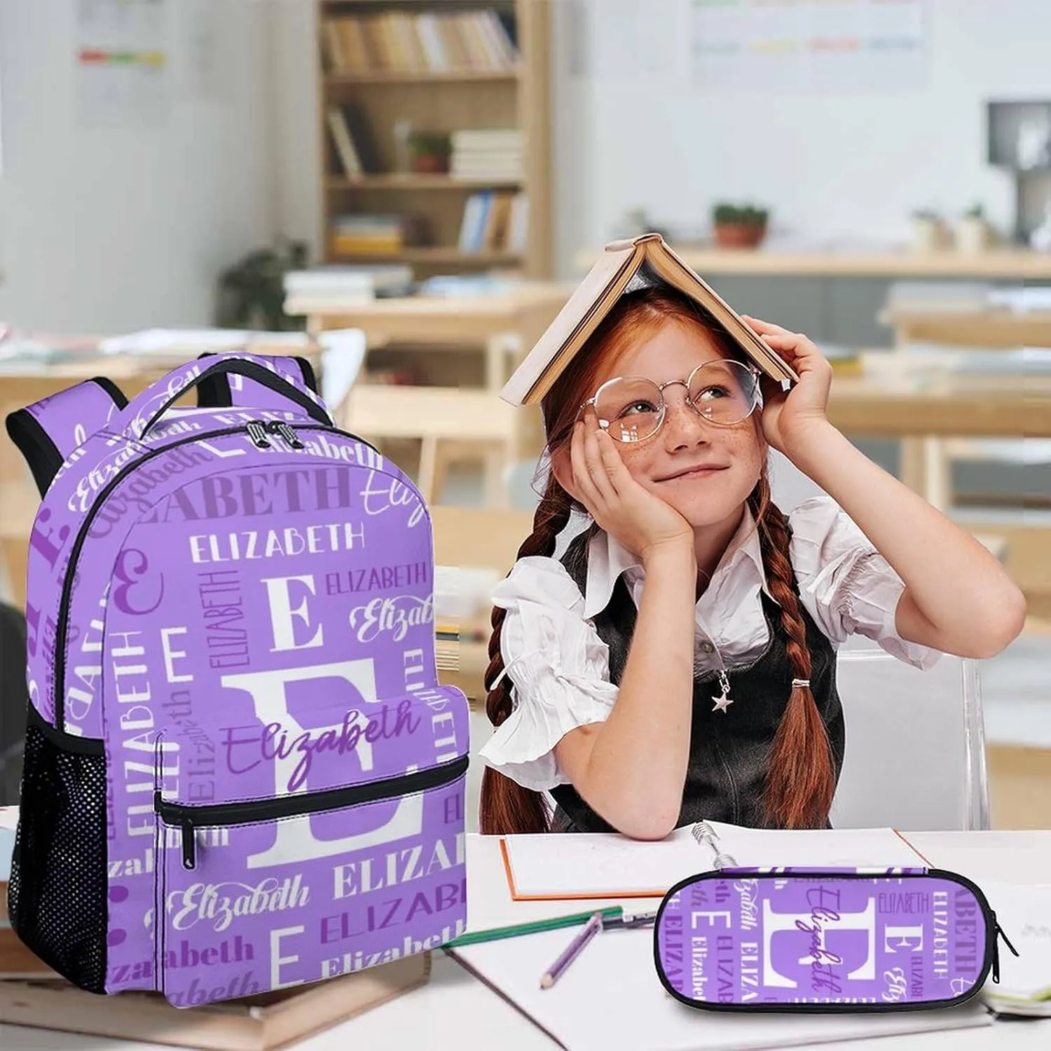 Girls School Backpacks, Set of 3 Kids Backpack for Students, Personalized Name Bookbag with Lunch Box for Travel, Camping, Casual Bookbag with Pencil Case Matching Combo for Kindergarten Preschool