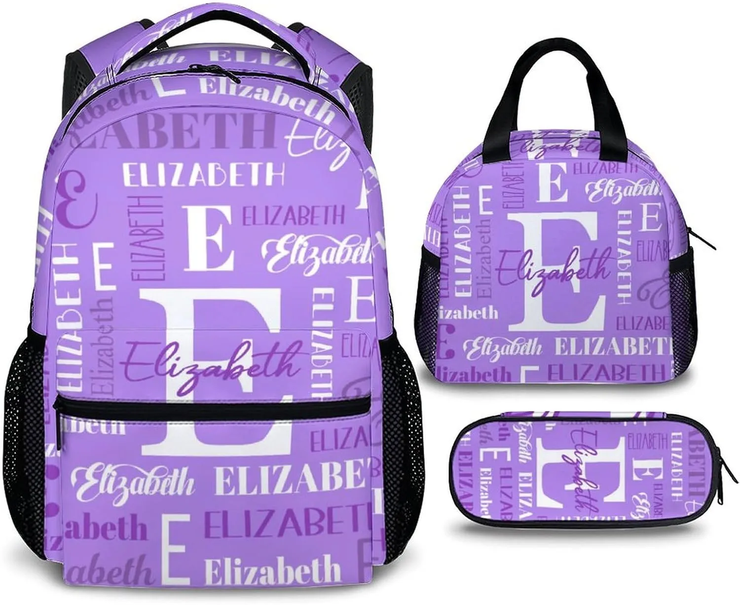 Girls School Backpacks, Set of 3 Kids Backpack for Students, Personalized Name Bookbag with Lunch Box for Travel, Camping, Casual Bookbag with Pencil Case Matching Combo for Kindergarten Preschool
