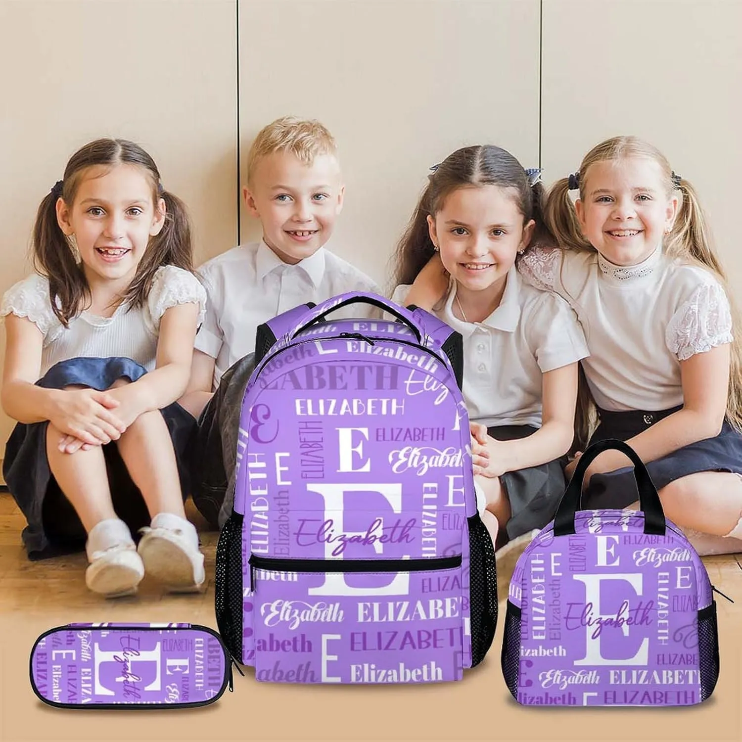Girls School Backpacks, Set of 3 Kids Backpack for Students, Personalized Name Bookbag with Lunch Box for Travel, Camping, Casual Bookbag with Pencil Case Matching Combo for Kindergarten Preschool