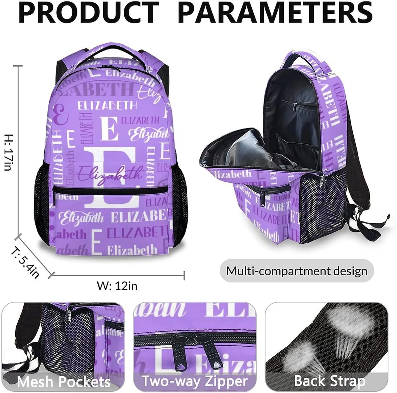 Girls School Backpacks, Set of 3 Kids Backpack for Students, Personalized Name Bookbag with Lunch Box for Travel, Camping, Casual Bookbag with Pencil Case Matching Combo for Kindergarten Preschool