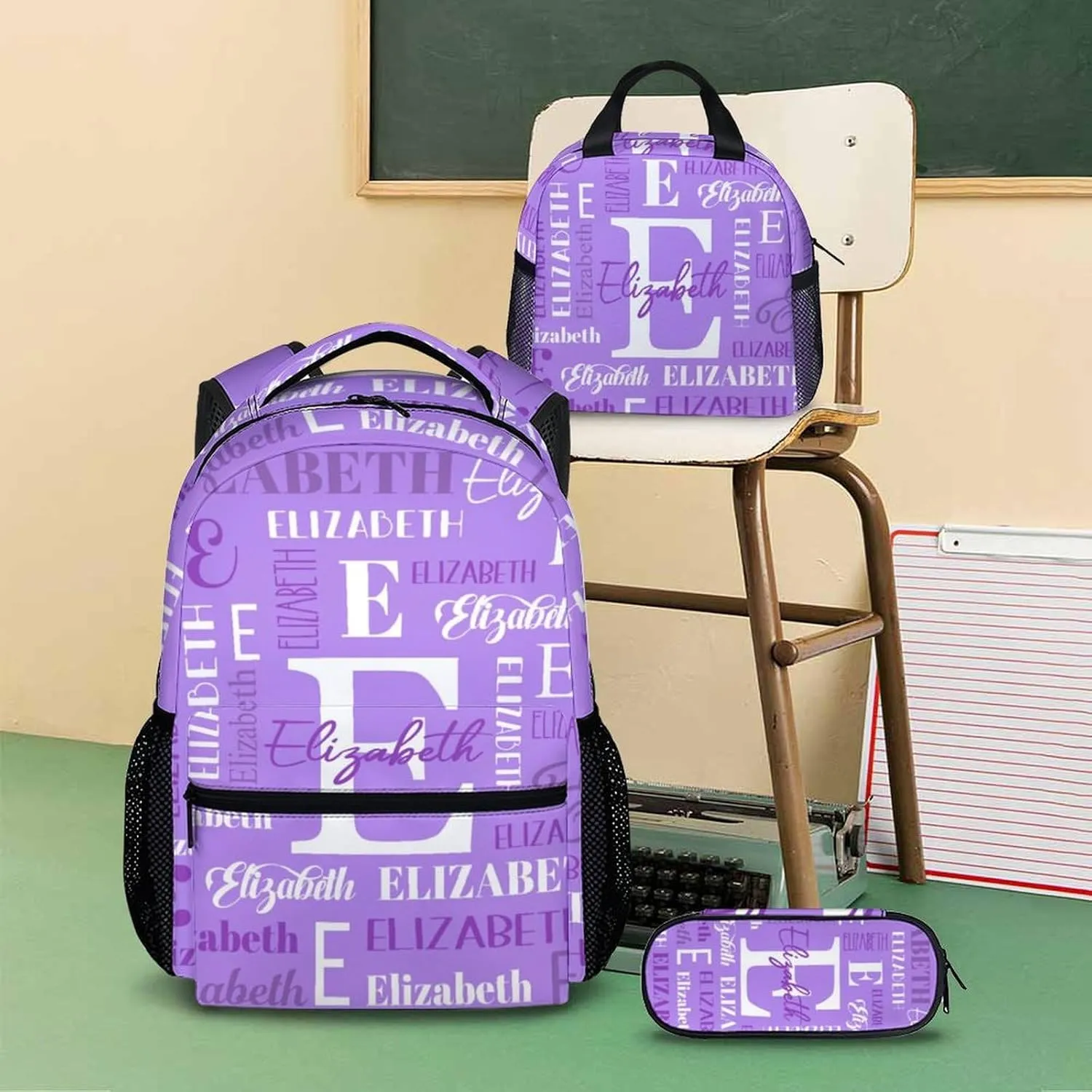Girls School Backpacks, Set of 3 Kids Backpack for Students, Personalized Name Bookbag with Lunch Box for Travel, Camping, Casual Bookbag with Pencil Case Matching Combo for Kindergarten Preschool