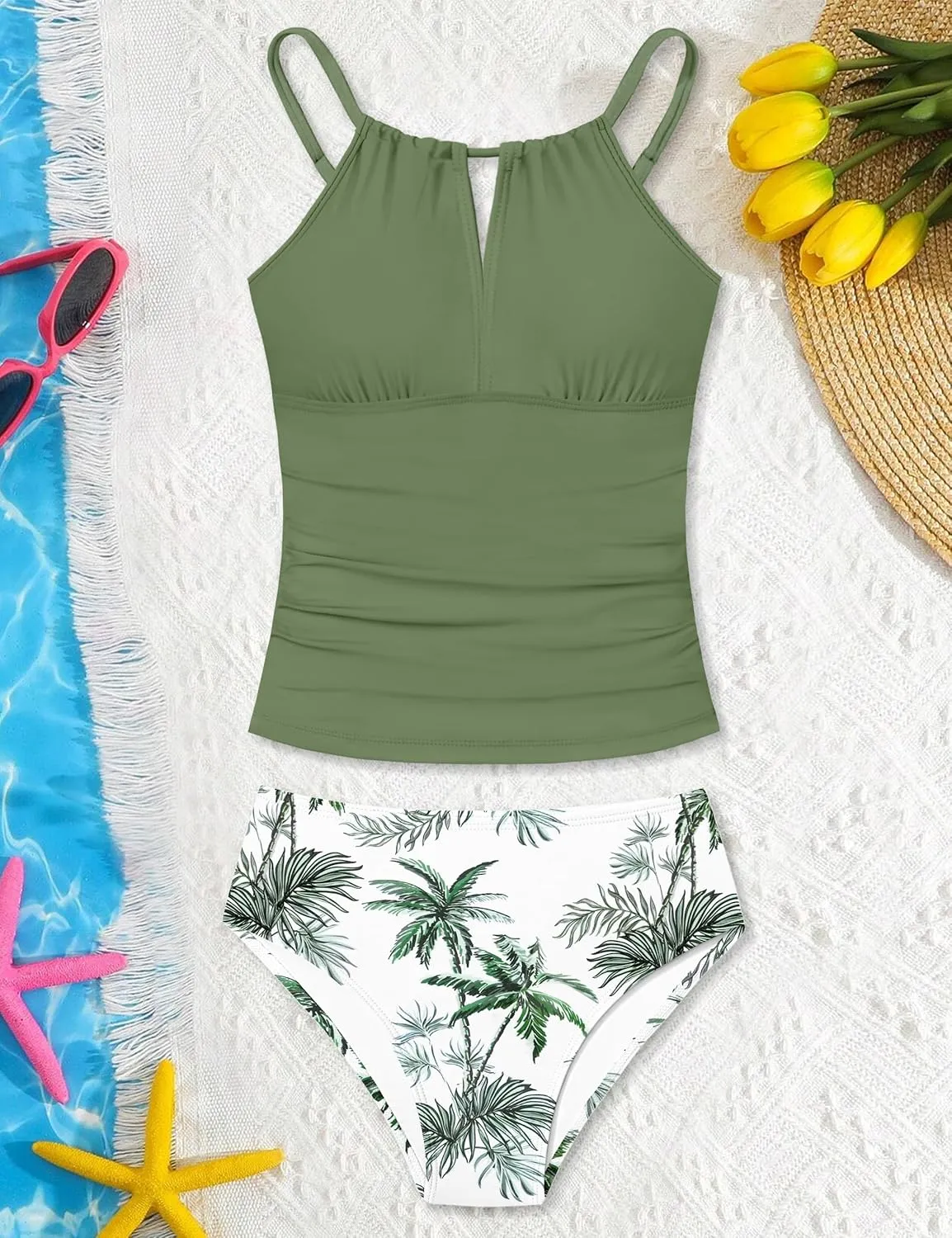 Girls Swimsuit Halterneck 2 Piece Girl Swimsuit with Floral Print Shorts Ruched Girls Tankini Swimsuit 11-18 Years