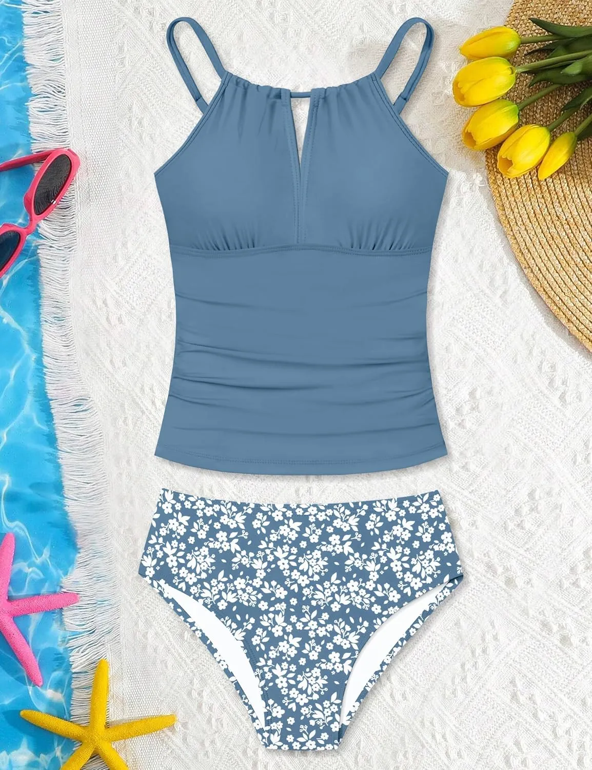 Girls Swimsuit Halterneck 2 Piece Girl Swimsuit with Floral Print Shorts Ruched Girls Tankini Swimsuit 11-18 Years