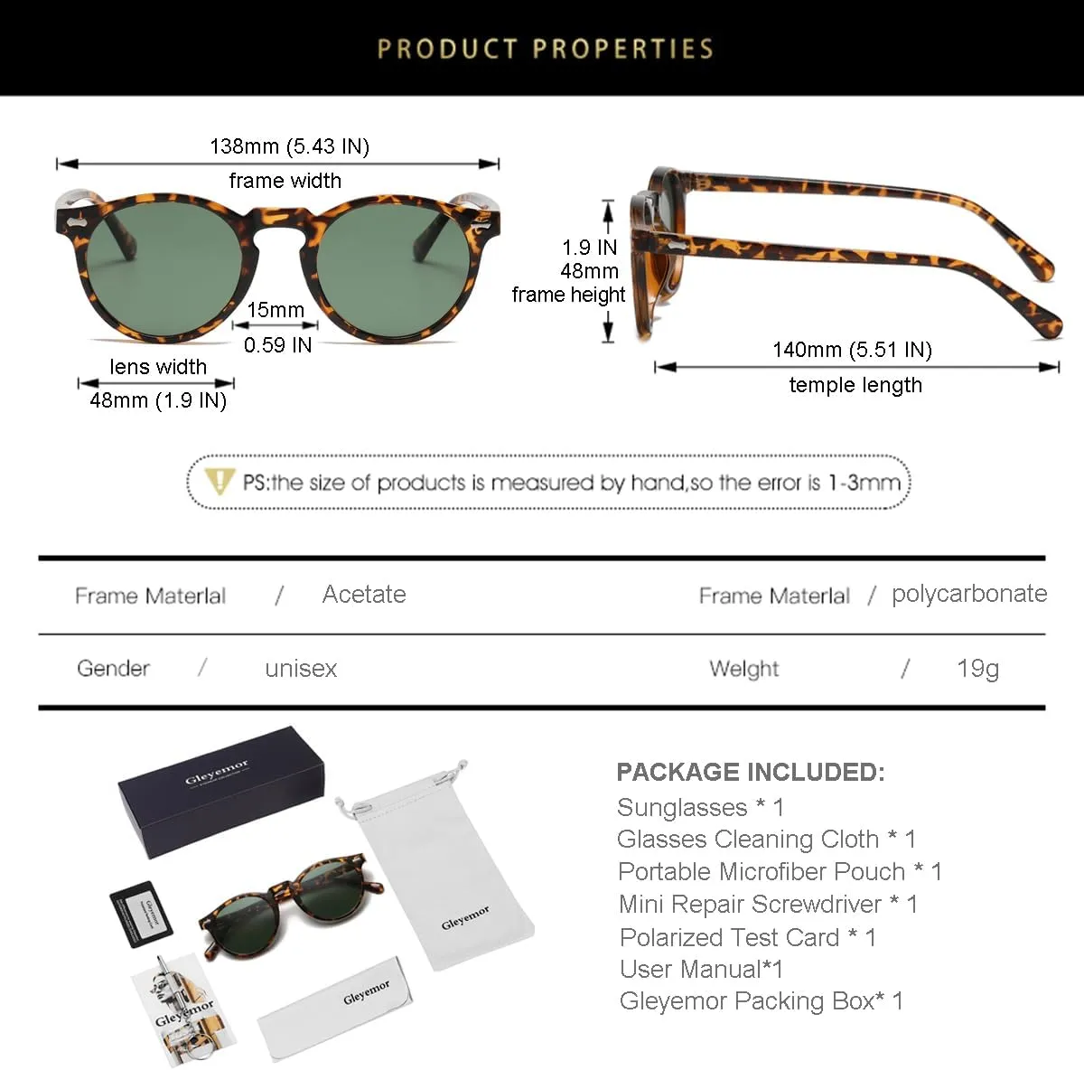 Gleyemor Vintage Polarized Sunglasses for Men Round Sunglasses UV400 Protection Retro Hand-crafted Acetate Frame