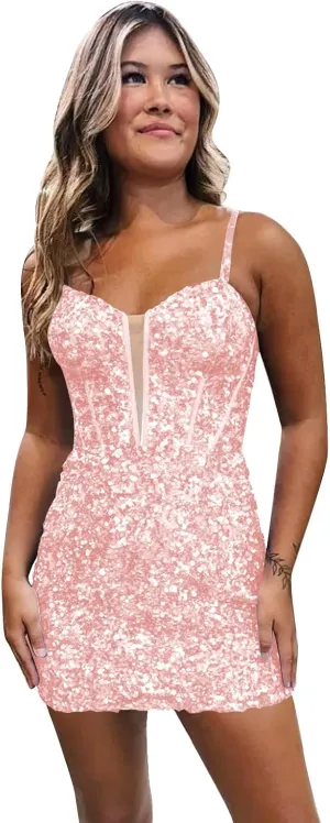 Glitter Sequin Short Tight Homecoming Dresses for Teens Spaghetti Straps Corset Mini Prom Cocktail Gowns