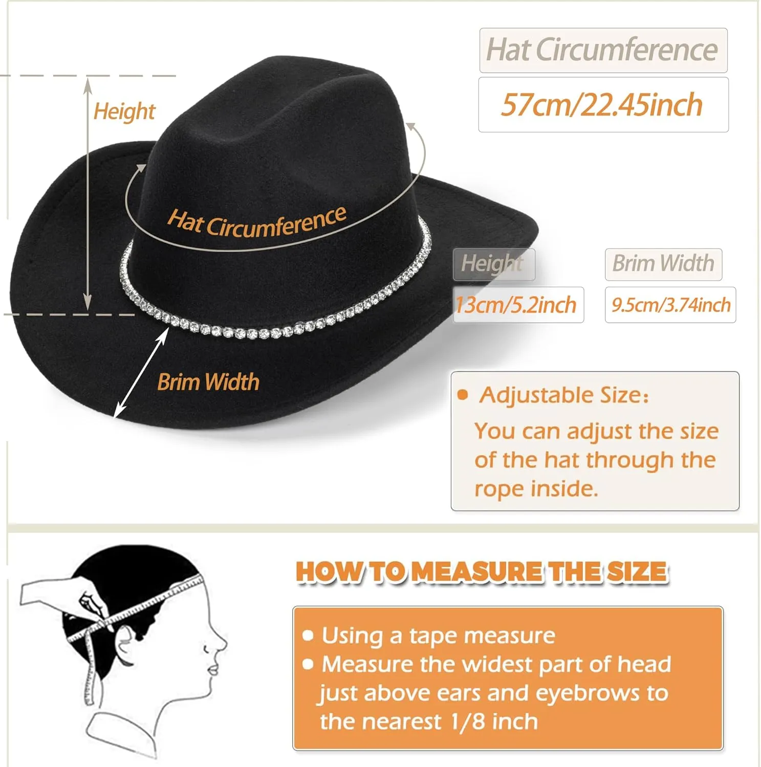 Glitter Silver Black Cowboy Hats for Women - Western Sparkly Rhinestone Cowgirl Hat for Ladies Size M-L