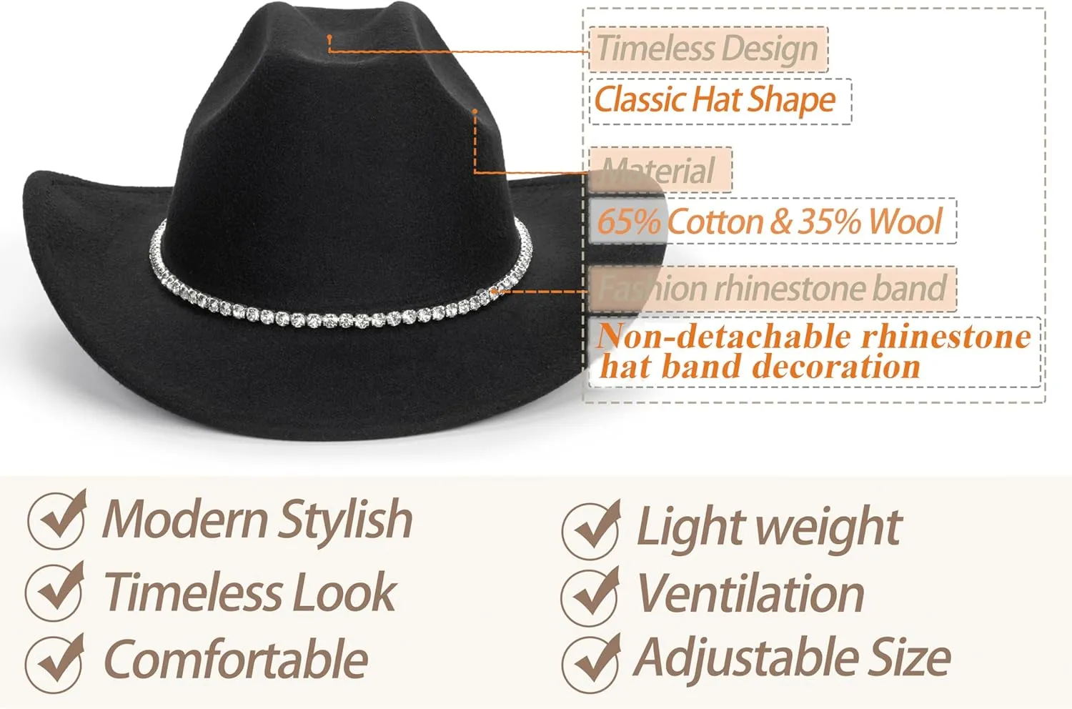 Glitter Silver Black Cowboy Hats for Women - Western Sparkly Rhinestone Cowgirl Hat for Ladies Size M-L