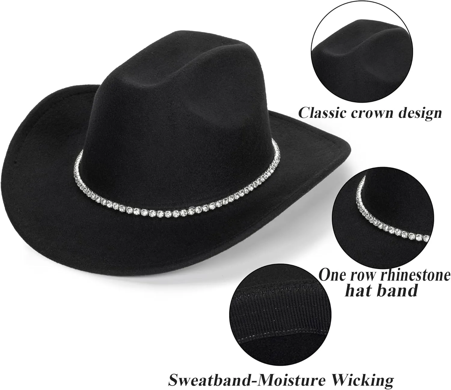 Glitter Silver Black Cowboy Hats for Women - Western Sparkly Rhinestone Cowgirl Hat for Ladies Size M-L