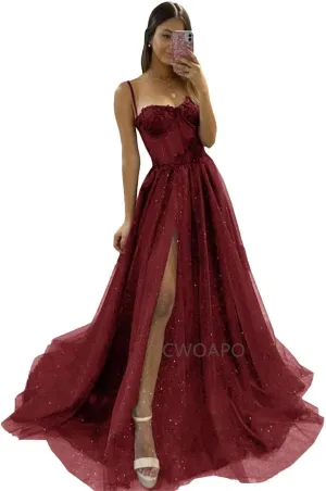 Glitter Tulle Prom Dress Long Ball Gown with Slit Spaghetti Straps Sweetheart Applique Formal Evening Party Gown