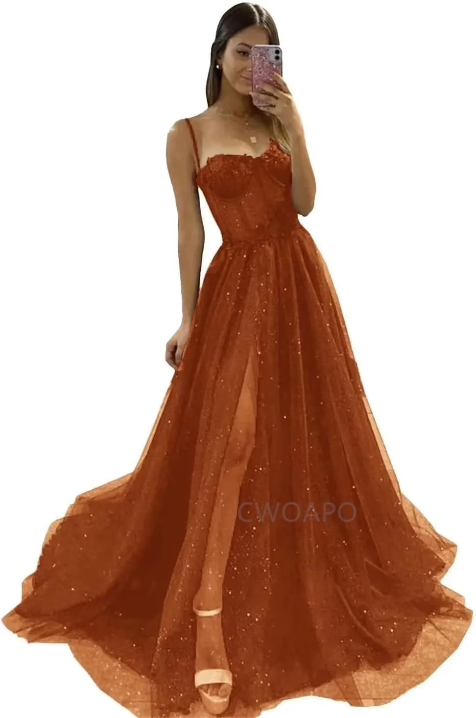 Glitter Tulle Prom Dress Long Ball Gown with Slit Spaghetti Straps Sweetheart Applique Formal Evening Party Gown