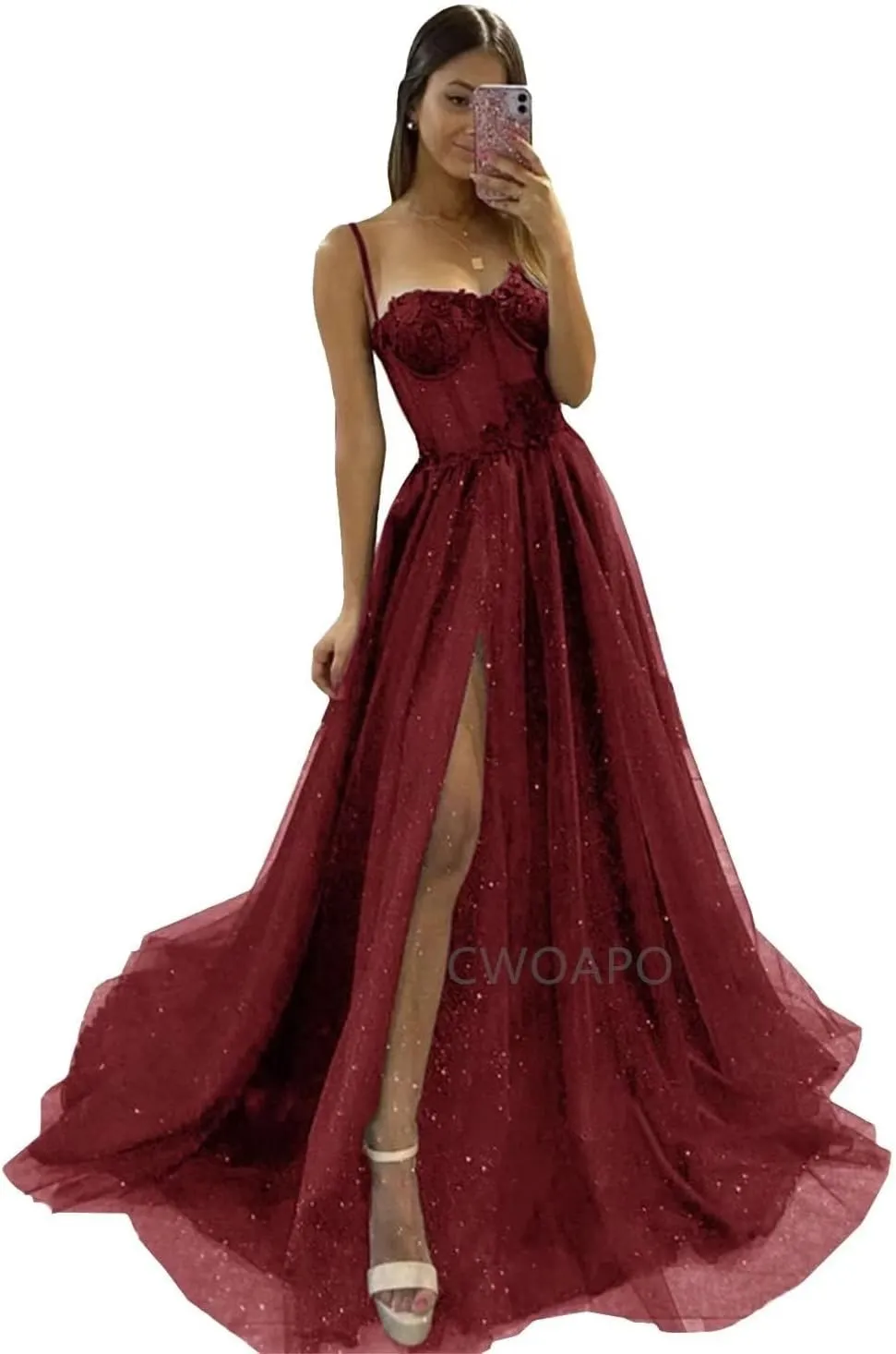 Glitter Tulle Prom Dress Long Ball Gown with Slit Spaghetti Straps Sweetheart Applique Formal Evening Party Gown