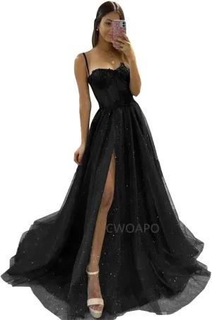 Glitter Tulle Prom Dress Long Ball Gown with Slit Spaghetti Straps Sweetheart Applique Formal Evening Party Gown