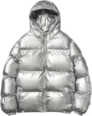 Glossy Puffer Jacket Men Hooded Down Jacket Zip up Quilted Jacket Warm Padded Jacket Insulated Winter Coat with Pockets