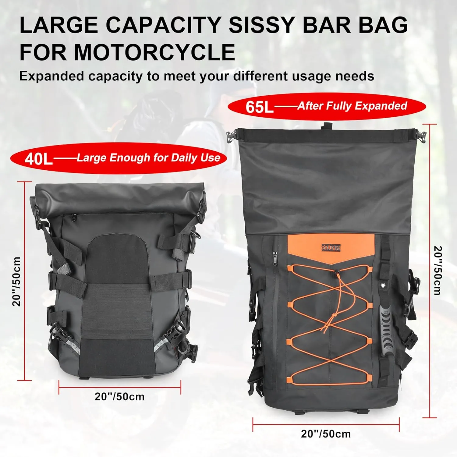 Goldfire Expandable Motorcycle Travel Luggage Sissy Bar Bag, Weather Resistant Tail Duffle Bag Backpack with Sissy Bar Straps
