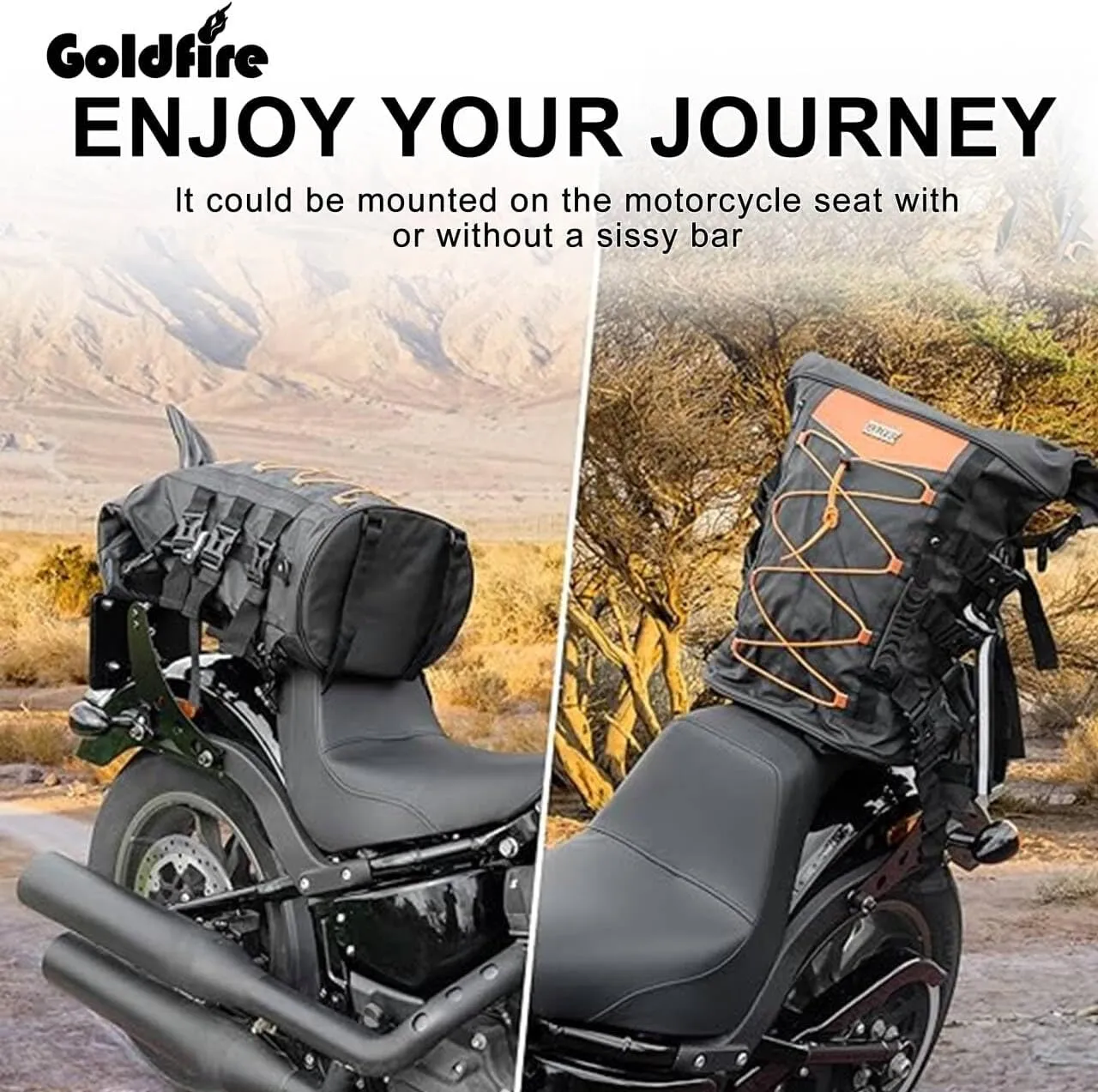Goldfire Expandable Motorcycle Travel Luggage Sissy Bar Bag, Weather Resistant Tail Duffle Bag Backpack with Sissy Bar Straps