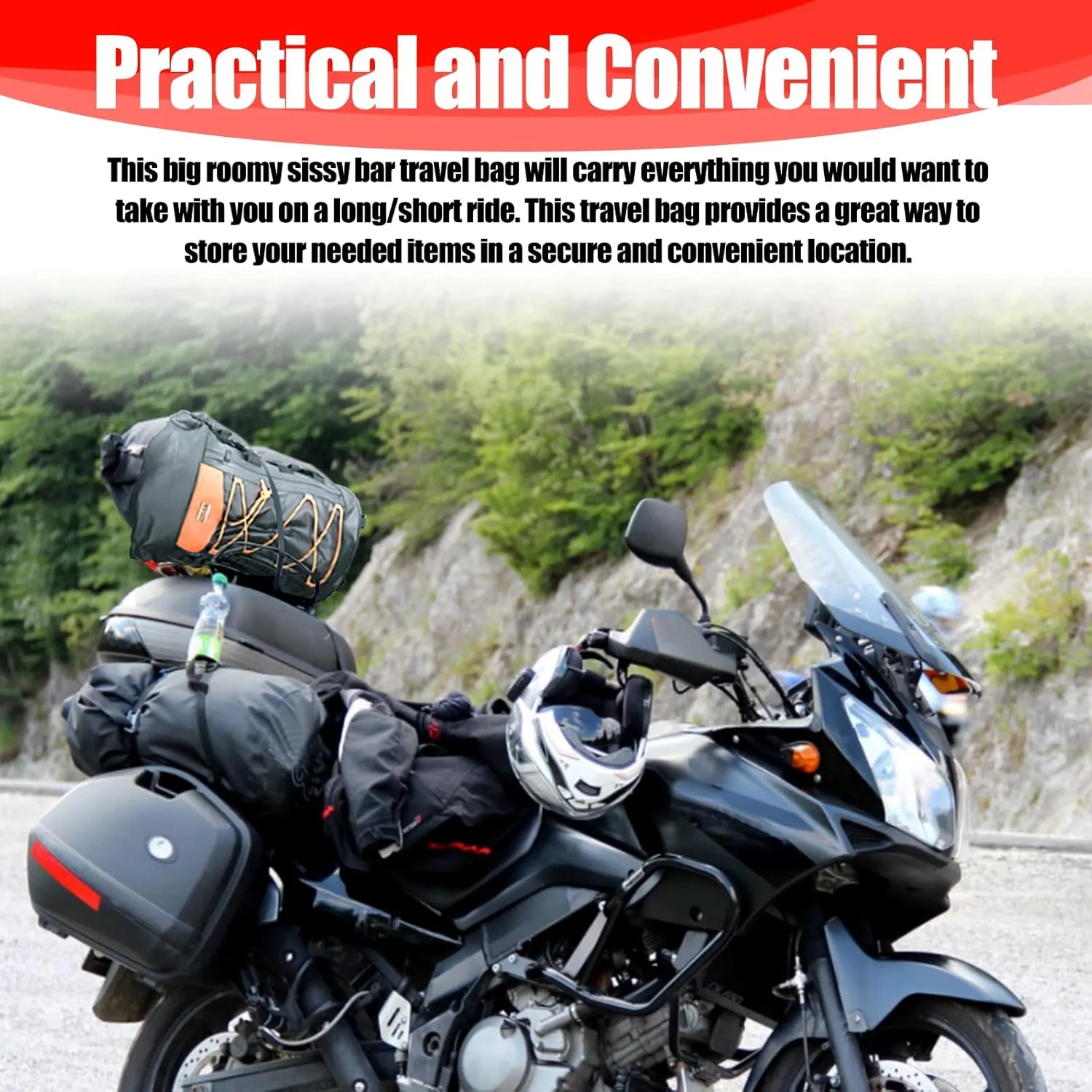Goldfire Expandable Motorcycle Travel Luggage Sissy Bar Bag, Weather Resistant Tail Duffle Bag Backpack with Sissy Bar Straps