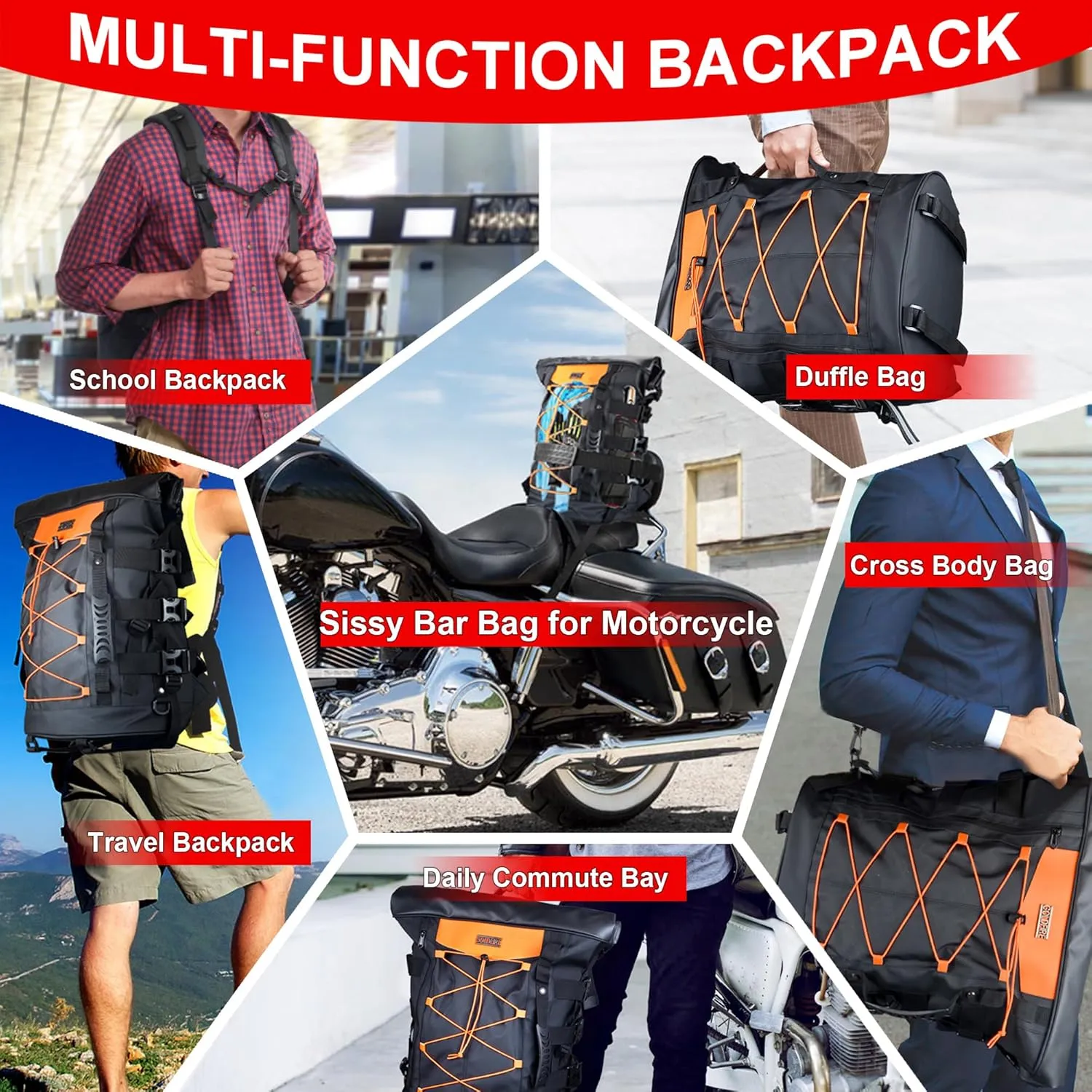 Goldfire Expandable Motorcycle Travel Luggage Sissy Bar Bag, Weather Resistant Tail Duffle Bag Backpack with Sissy Bar Straps